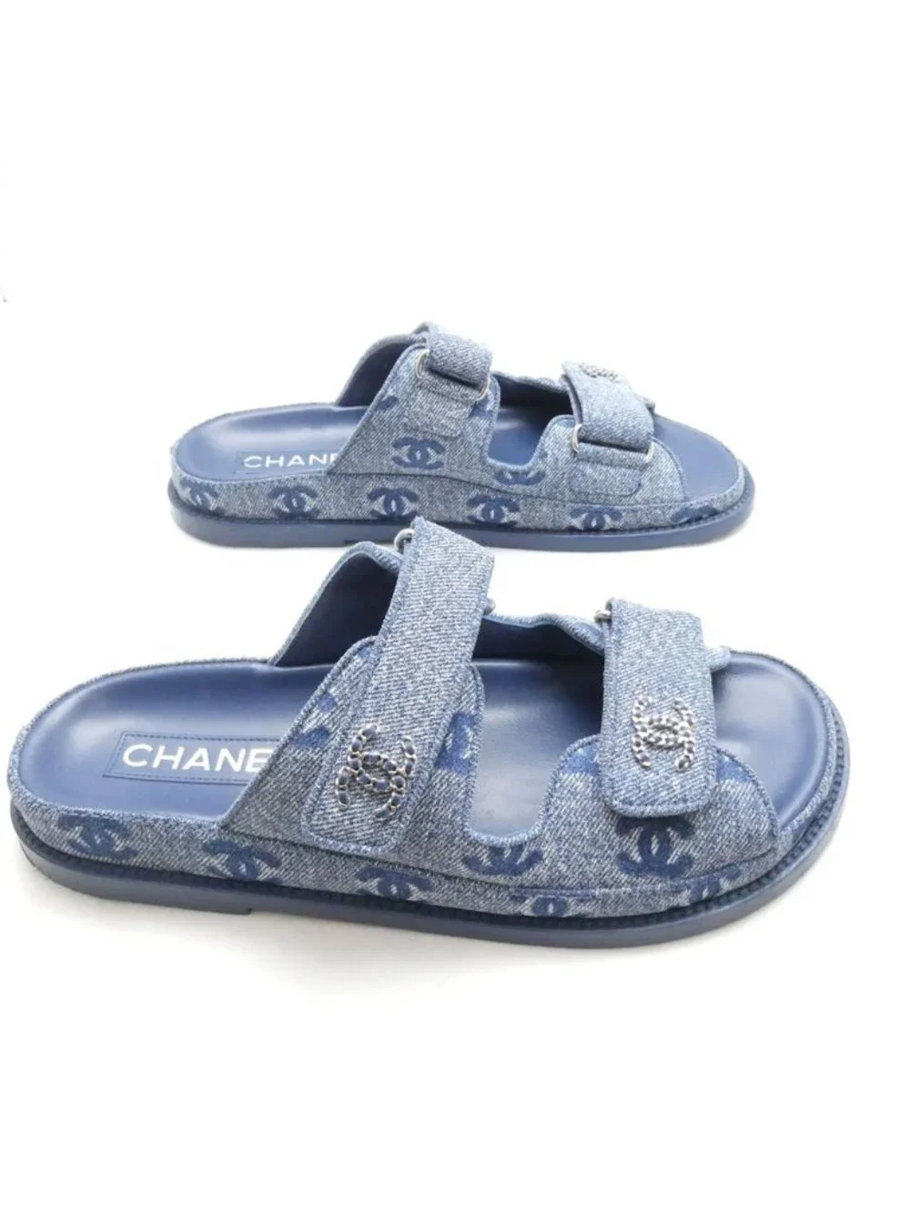 Chanel Velcro Sandals 38C Denim CC Logo Hooded